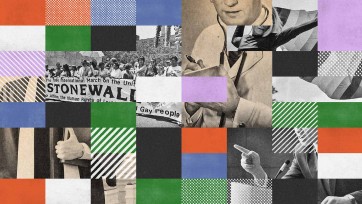 Vibrant digital art collage of protest banner at Stonewall amidst layered protest scenes, abstract shapes, and word cutouts